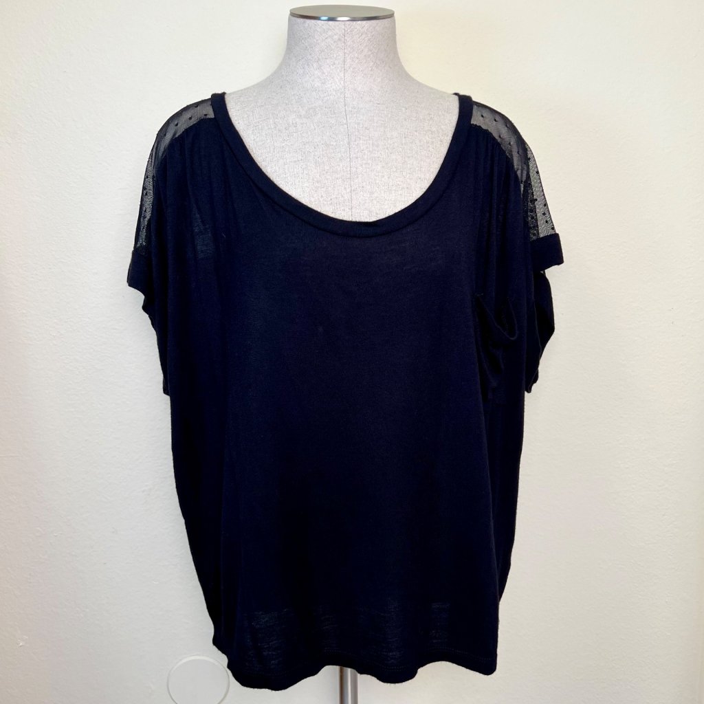 Soprano Black Sheer Polka Dot Mesh Panel Short Sleeve Top Size Large